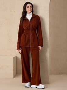 Graceveil 女士休闲拉链喇叭裤阿拉伯风格套装，秋冬款 - 咖啡棕 - 查看 5