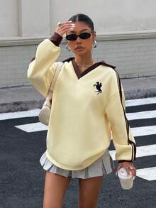 Muchica Women's Autumn/Winter Thermal-Lined Contrast Color Ribbon Embroidered Loose Polo Neck Sweatshirt For Going Out Outfits, Streetwear, Y2K Clothes