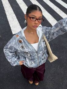 Muchica Printed Knit Hooded Women's Metal Eyelet Zip-Up Long Sleeve Sweatshirt - Multicolor - View 4