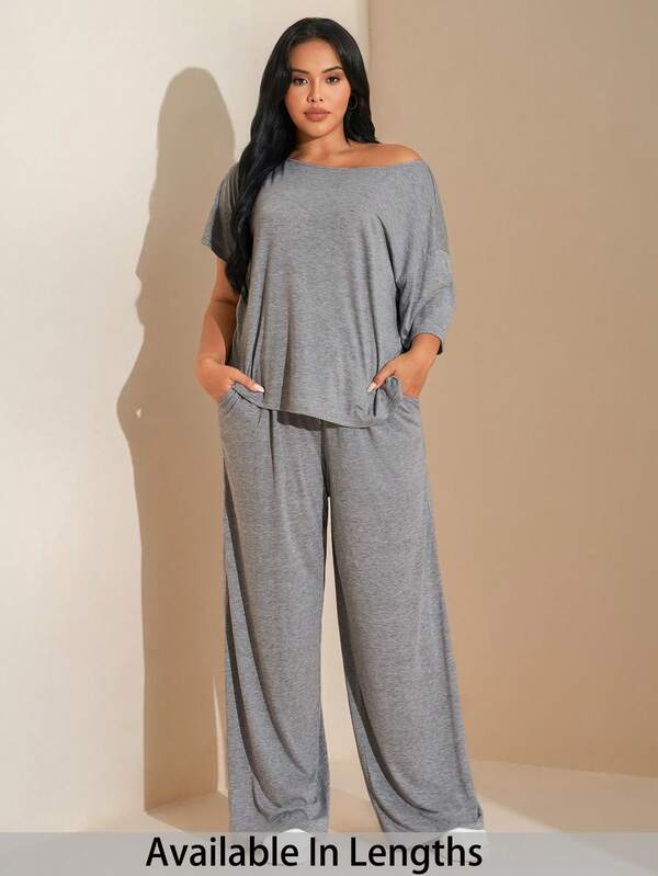 SHEIN Tall CURVE Plus Size Women's Minimalist Streetwear Basic Daily Wear Going Out Sport Comfortable Off Shoulder T-Shirt And Wide Leg Sweatpants Two Pieces Outfits