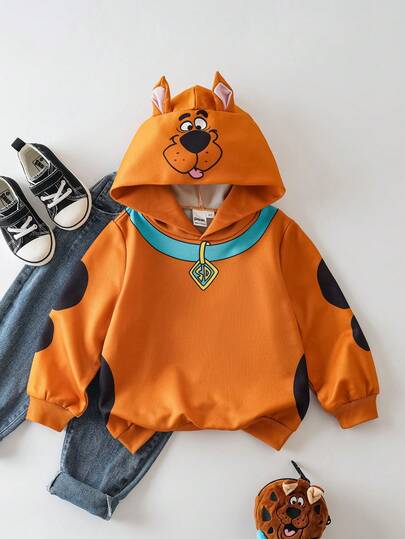 SCOOBY-DOO X SHEIN Sudadera con capucha de manga larga, de corte holgado y caída de hombros, con estampado de dibujos animados lindos para niño pequeño, color marrón