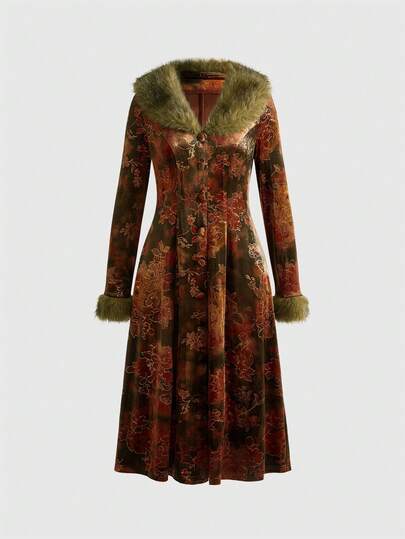 EDITION Vintage Floral Print Plush Patchwork Cardigan Jacket For Women, Halloween