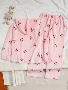 女童舒适休闲柔软双面法兰绒樱桃印花长袖长裤睡衣 - 粉色 - 查看 2