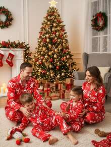 SHEIN Girls' Red And White Christmas Penguin & Candy Cane Print Fleece Pajama Set,Cute Autumn Winter Casual Comfortable 2 Pieces Matching Family Pajamas - Red - View 3