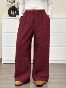 SHEIN EZwear 大码棕色格子羊毛西装裤，秋冬季 - 彩色 - 查看 4