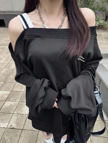 FRIFUL Damen Slogan Muster Off-Shoulder Langarm Lässiges Lose T-Shirt