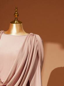 Rometta Plus Size Women Elegant Round Neck Banquet Draping Shoulder Formal Gown, Ruched Design Fitted Mermaid Dress - Pink - View 7