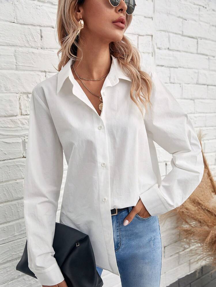 Solid Button Front Shirt,Long Sleeve Tops Winter White Casual Spring