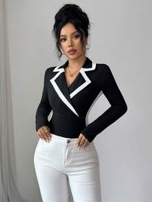 Elenzga 女士优雅修身针织拼接撞色翻领上衣/T恤，适合秋季、万圣节、圣诞节穿着。 - 黑與白 - 查看 3
