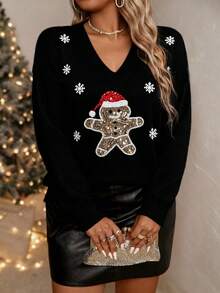 EMERY ROSE Suéter plus size de cor sólida com decote em V e bordado de boneco de neve natalino com lantejoulas. Suéter de tricô casual e elegante para o Natal, volta às aulas, férias, escritório e outono/inverno.