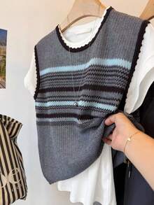 Resyla Comfortable Versatile Retro Striped Loose Fit Vest - Grey - View 1