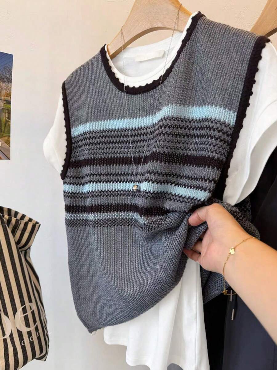 Resyla Comfortable Versatile Retro Striped Loose Fit Vest - Grey - View 1