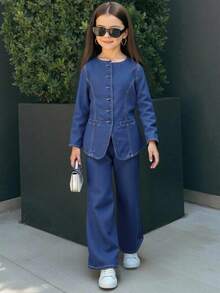 SHEIN Tween Girls Fashion Long Sleeve Button-Up Denim Shirt & Pants Set Girls Spring And Autumn Suit Two Pieces Denim Set - Dark Wash - View 4