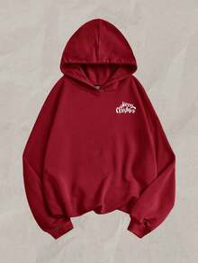 SHEIN Leap Crew 少女休闲复古圣诞树印花长袖连帽加厚卫衣，适合秋冬季、居家、圣诞派对穿着 - 酒紅色 - 查看 2