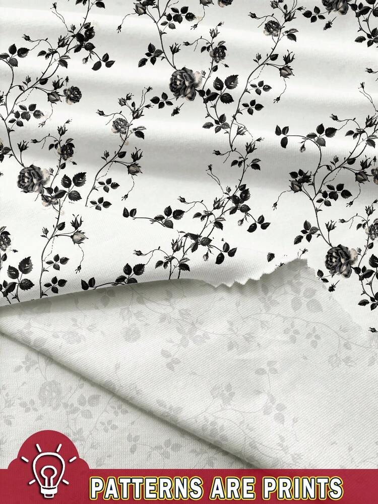 Reflora 大码黑白撞色玫瑰花卉印花修身休闲连衣裙，适合暑假、音乐节 - 黑與白 - 查看 3