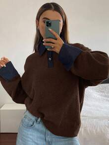 Livesso Women's Autumn Denim Patchwork Loose Knit Sweater With Turndown Collar - Coffee Brown - View 4