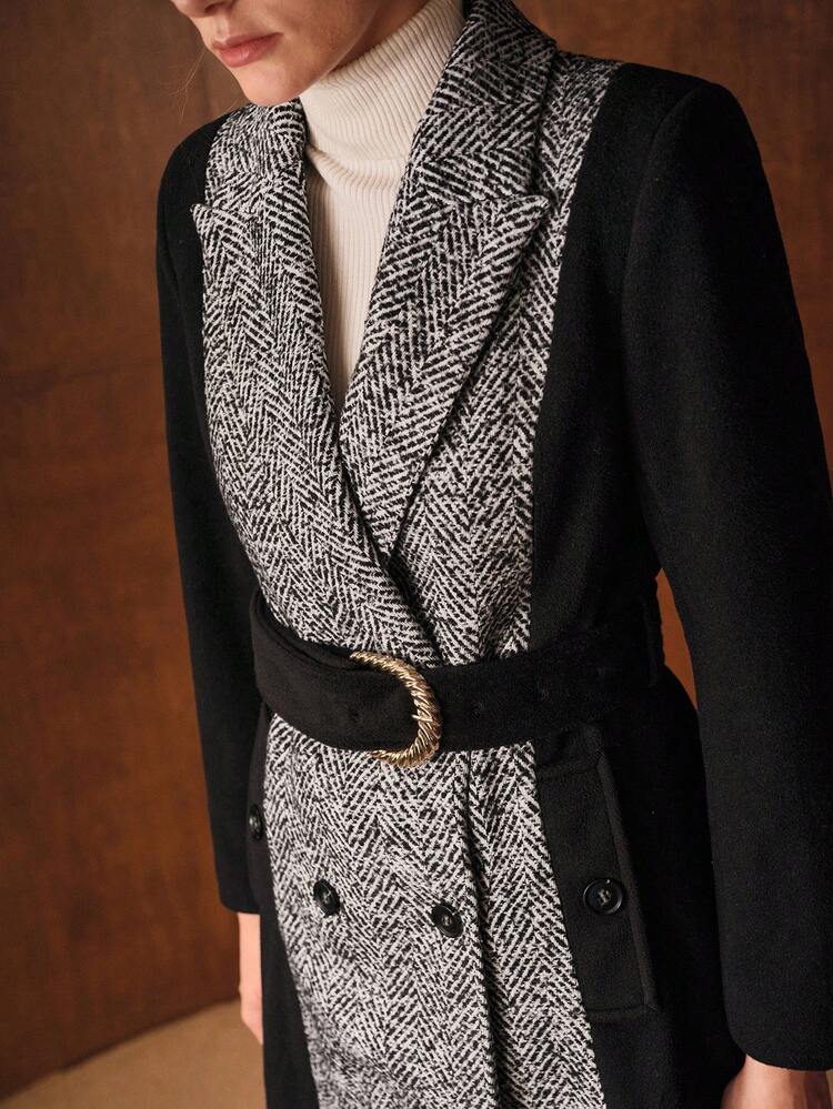 CONTRAST HERRINGBONE DOUBLE BREASTED OVERCOAT
