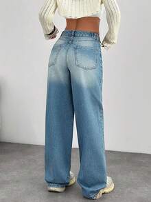 EURMUSE 100 COTTON HIGH WAIST BUTTON DETAILED WIDE LEG Low Rise Jeans Y2k Casual Oversized Loose Baggy Everyday Holiday Light Blue Summer - Medium Wash - View 3