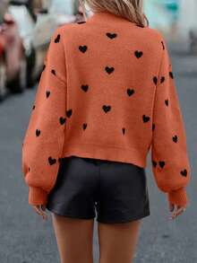 SHEIN LUNE Suéter de hombros caídos con estampado de corazón, informal para otoño/invierno - Rojo - Ver 2
