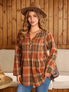EMERY ROSE Plus Size Women Plaid Long Sleeve V-Neck Casual Loose Blouse, Winter Cozy Fall And Winter Country Style - Multicolor - View 6