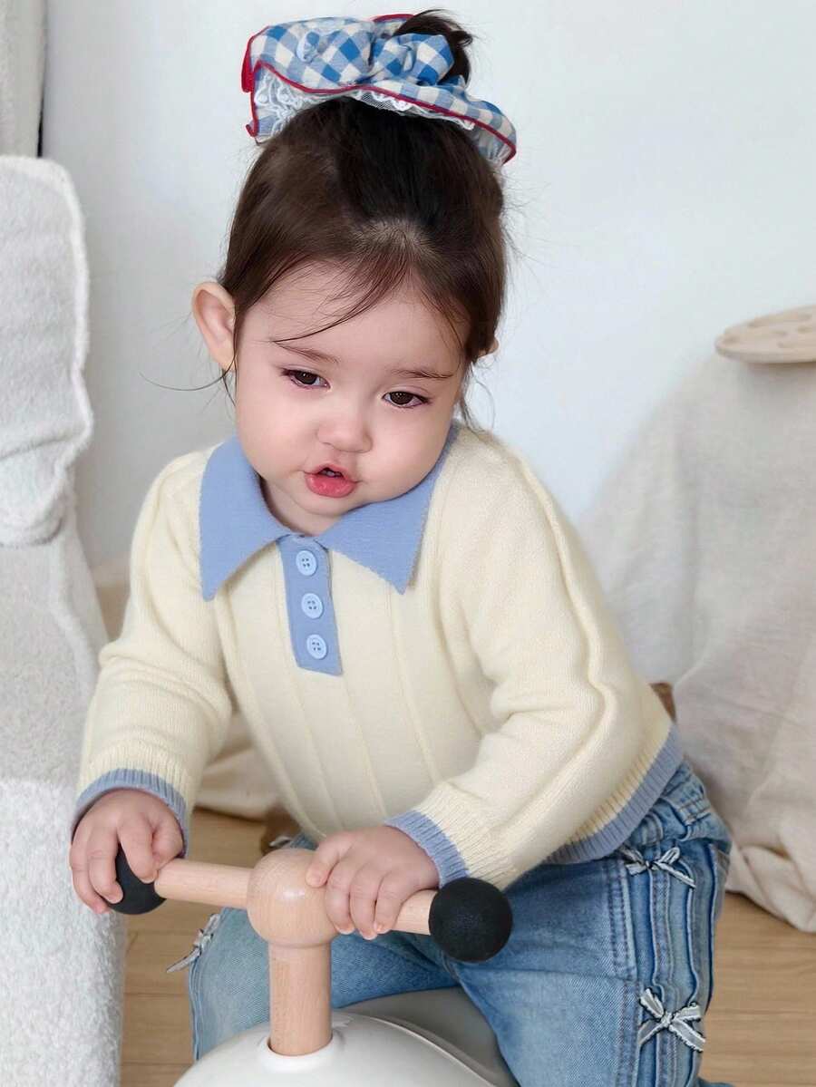 DAZY Sweater Lengan Panjang Berkerah Warna Kontras Kasual untuk Balita Perempuan, Gaya Korea - Aprikot - View 1
