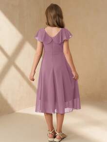 SHEIN 少女优雅简约时尚V领荷叶边无袖高腰中长款纯色雪纺紫色连衣裙，适合夏季少女毕业典礼婚礼花童穿着 - 紫色 - 查看 2