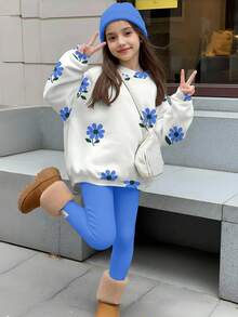 SHEIN Leap Crew 2pcs/Set Tween Girls Casual Vintage Floral Print Crew Neck Long Sleeve Sweatshirt And Leggings Set, Suitable For Autumn/Winter - Multicolor - View 1