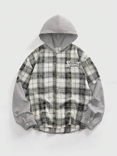 Street Life Veste à capuche décontractée à manches longues, à motif de lettres et à carreaux, à simple boutonnage pour hommes