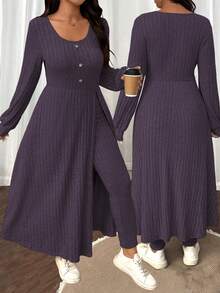SHEIN LUNE Plus Size Women Solid Color Fuzzy Ribbed Minimalist Casual Autumn/Winter Top And Slim Fit Pants Set - Purple - View 8