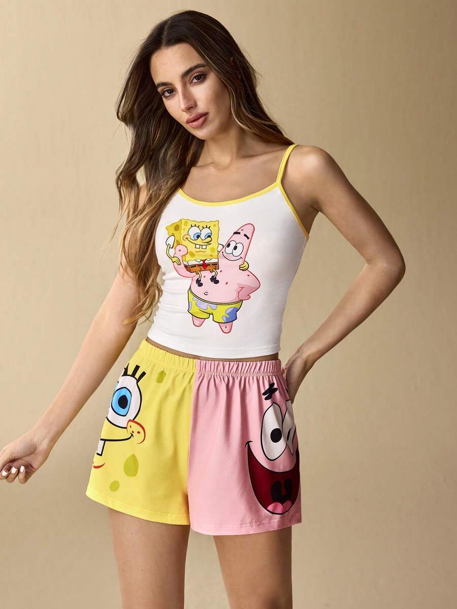 SpongeBob SquarePants | SHEIN Women's Cute Cartoon Graphic Cami Top And Shorts Pajama Set, Summer