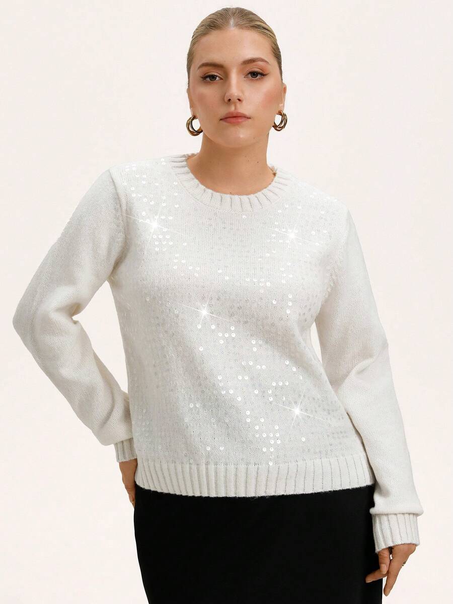 GENKIRA French Crew Neck Sequin Embellished Relaxed Fit Pullover Sweater - White - View 1