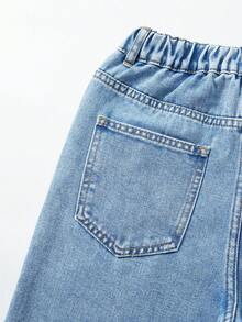 SHEIN ChillGRL Tween Girls Straight Leg Jeans, Blue Denim Casual Pants, Y2K Aesthetic, Outdoor Chic, Comfortable Cotton Fabric, Cartoon Animal Graphic Print, Elastic Waist, Versatile For School, Party, Travel, Daily Wear - Light Wash - View 9