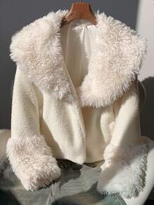 SHEIN EZwear 女式蓬松白色长袖宽松夹克，秋冬 - 白色 - 查看 3