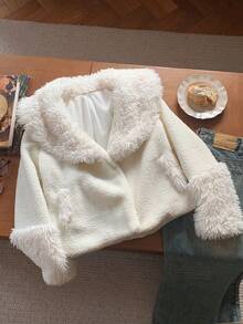 SHEIN EZwear 女式蓬松白色长袖宽松夹克，秋冬 - 白色 - 查看 5