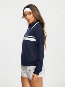 Eassivo Eassivo 女士条纹长袖拉链休闲健身运动Polo衫