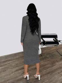 INAWLY 女式休闲条纹修身连衣裙，秋季 - 黑色 - 查看 2