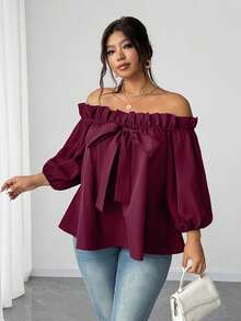Elenzga 大码性感露肩上衣 - 酒紅色 - 查看 7