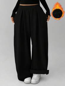 FavEase 女士抓绒弹力腰纯色褶皱休闲运动裤 - 黑色 - 查看 7