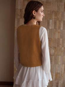 MOTF PREMIUM WOMEN'S RETRO EMBROIDERED SLEEVELESS VEST - Brown - View 3