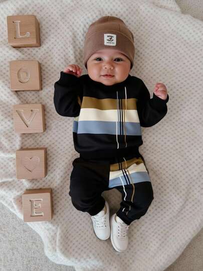 SHEIN Playful Pals Newborn Baby Boy Vintage Striped Print Long Sleeve Crew Neck Sweatshirt And Sweatpants Set