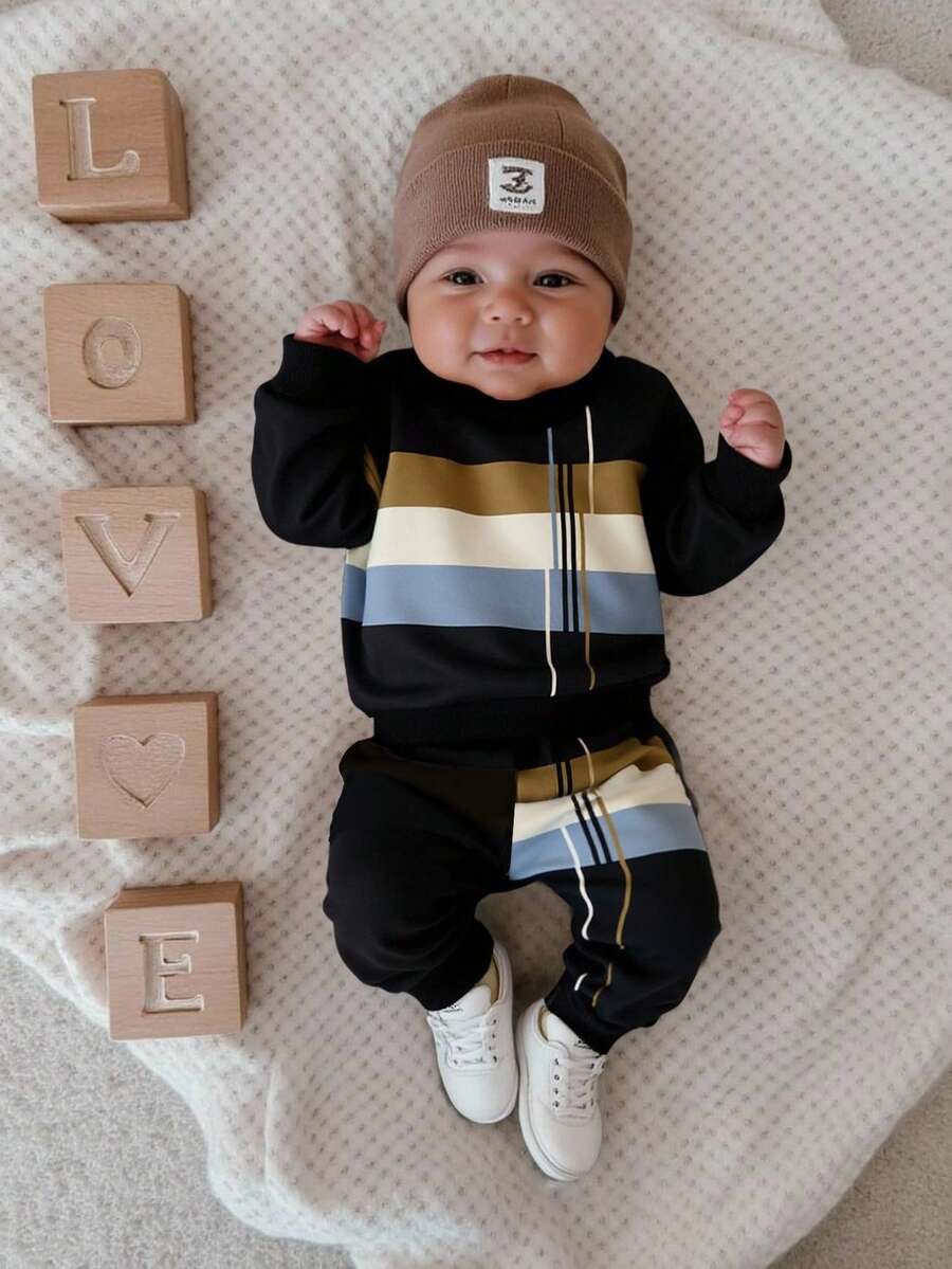 SHEIN Playful Pals 新生男宝宝复古条纹印花长袖圆领卫衣和运动裤套装 - 黑色 - 查看 1