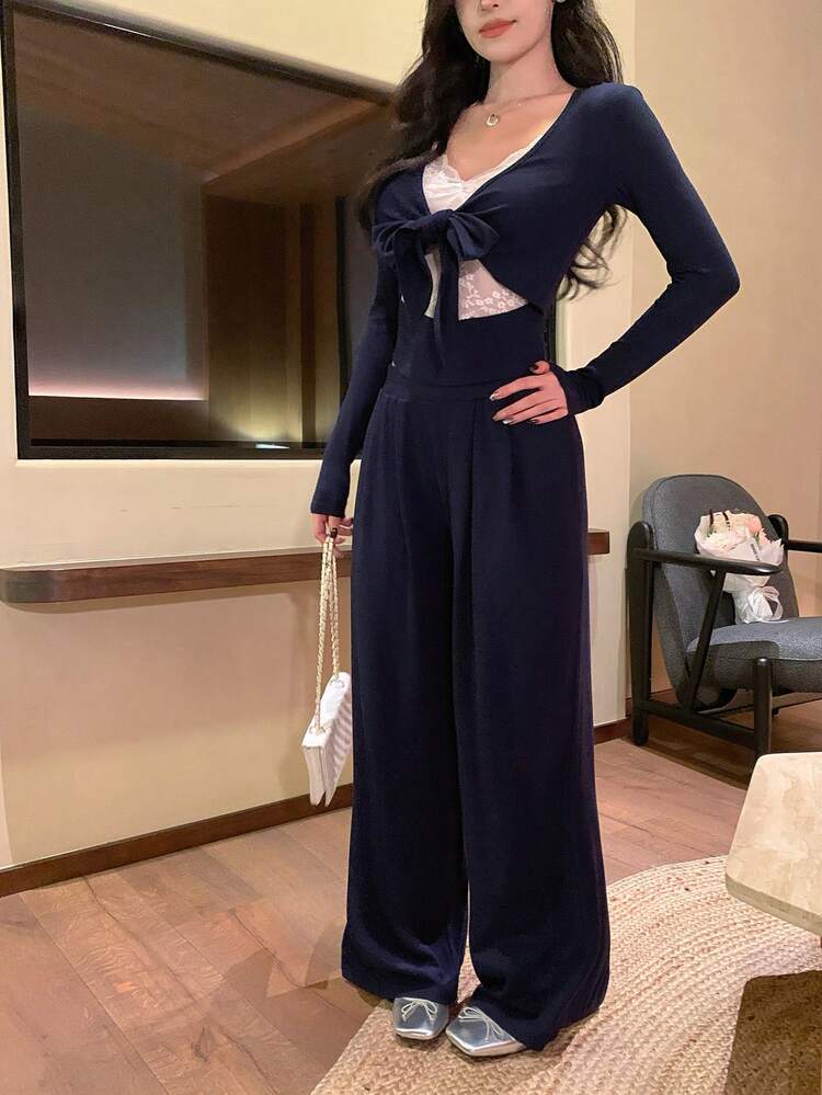 Women's 2 In 1 Lace Patchwork Wrap-Style Tie-Front Long Sleeve Top And Straight-Leg Pants Elegant Casual 2-Piece Set