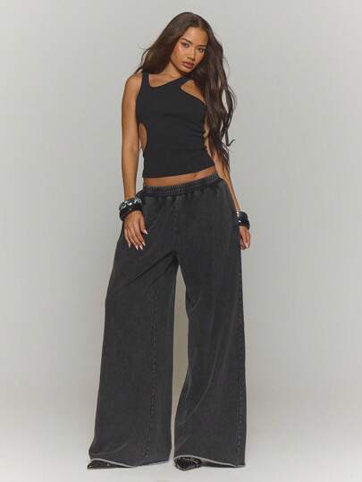 MUSERA Oversized Washed Distressed Hem Elasticated Hem Joggers Bottoms Only Winter Streetwear Cool Night Out Everyday Sexy Onyx