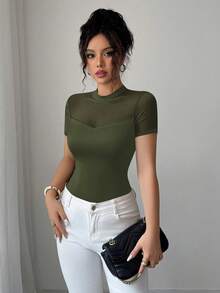 Elenzga Áo thun nữ cổ tròn tay ngắn họa tiết lưới vá trơn màu đa năng mùa hè 2025 - xanh quân đội - Xem 6