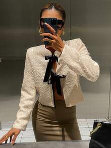 Livesso 女士优雅纹理开衫衬衫，撞色蝴蝶结设计，适合新年、圣诞节、婚礼、派对、舞会、春秋冬季女式外套 - 米色 - 查看 7