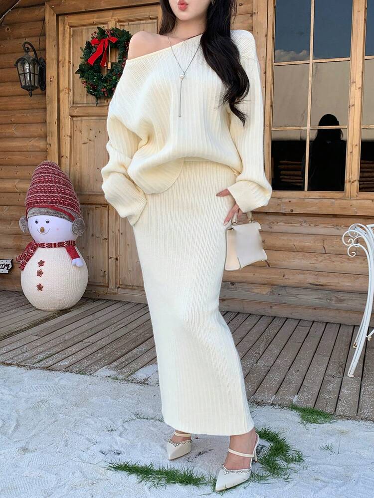 Women's Elegant Knitted Sweater And Skirt 2 Pieces Set, Suitable For Autumn/Winter, New Year, Christmas, Wedding