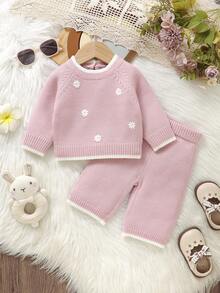两件套女婴/幼儿粉色毛衣套装，圆领长袖刺绣上衣+休闲直筒裤，时尚简约风 - 粉色 - 查看 4