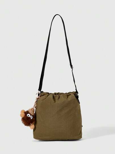 ROMWE Grunge Punk 1pc Nylon Solid Color Drawstring Bucket Bag With Plush Keychain Accessories, Fashion Shoulder Bag For Women, Perfectly Matching With Fall Outfits Women