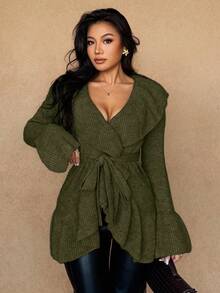 Rafferiza 女士简约优雅法式浪漫系带开衫 绿色开衫 女士橄榄绿 - 軍綠色 - 查看 4