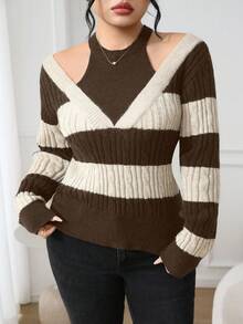 Modelyn Áo len hở vai kẻ sọc màu tương phản cỡ lớn, phong cách đường phố cho mùa thu - Lạc đà - Xem 4